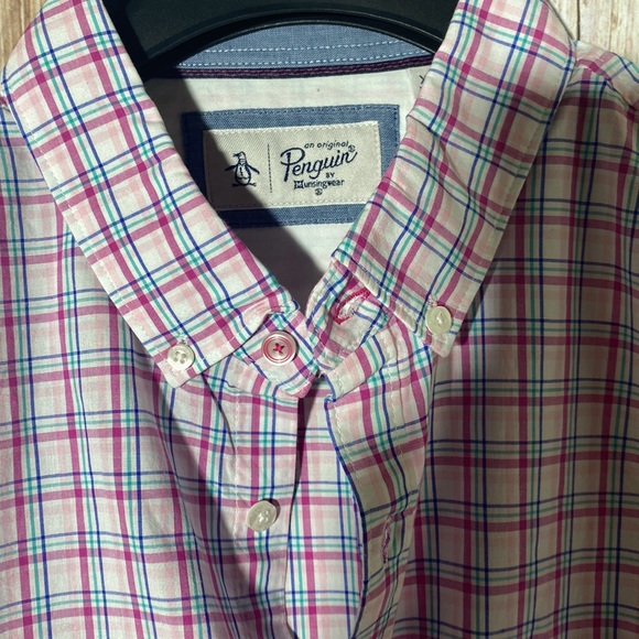 An Original Penguin Button Shirt Men's Pink Plaid Long Sleeve 100% Cotton XL - Picture 4 of 11